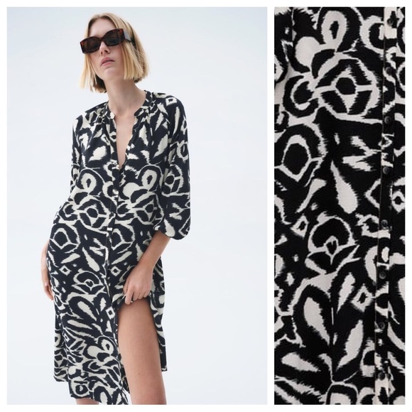 NWOT Zara Navy Blue/White Printed Midi Dress with Decorative Stitch. Size S. - Picture 1 of 10